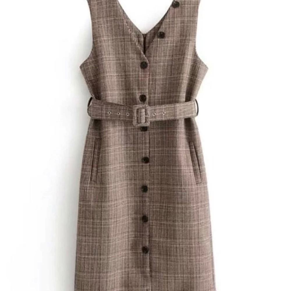 Plaid knee length vest dress with belt